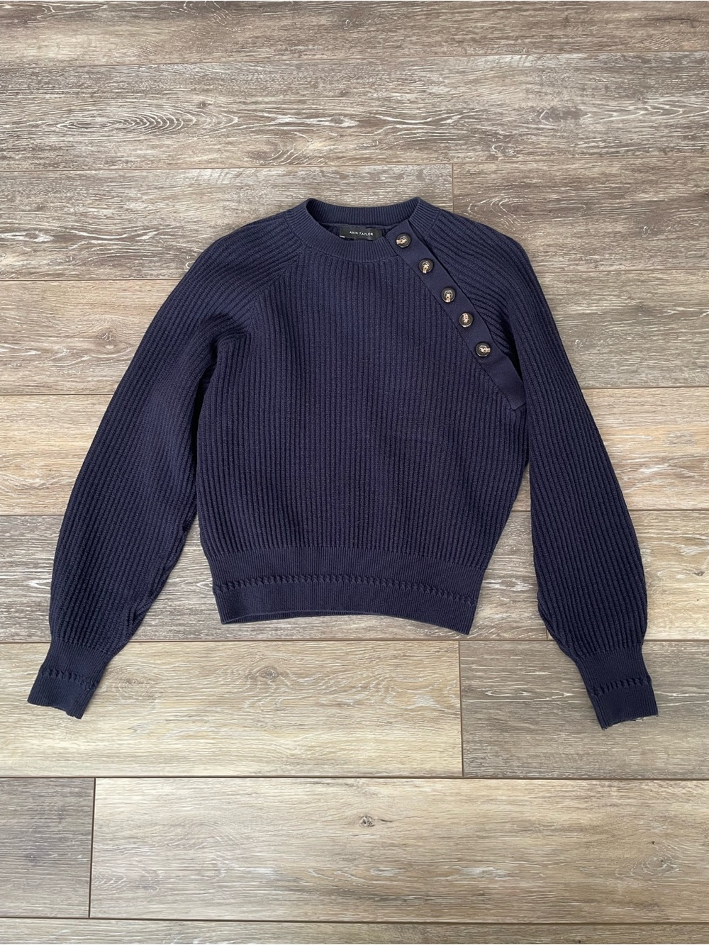 Ann Taylor Navy Button-Shoulder Ribbed Sweater